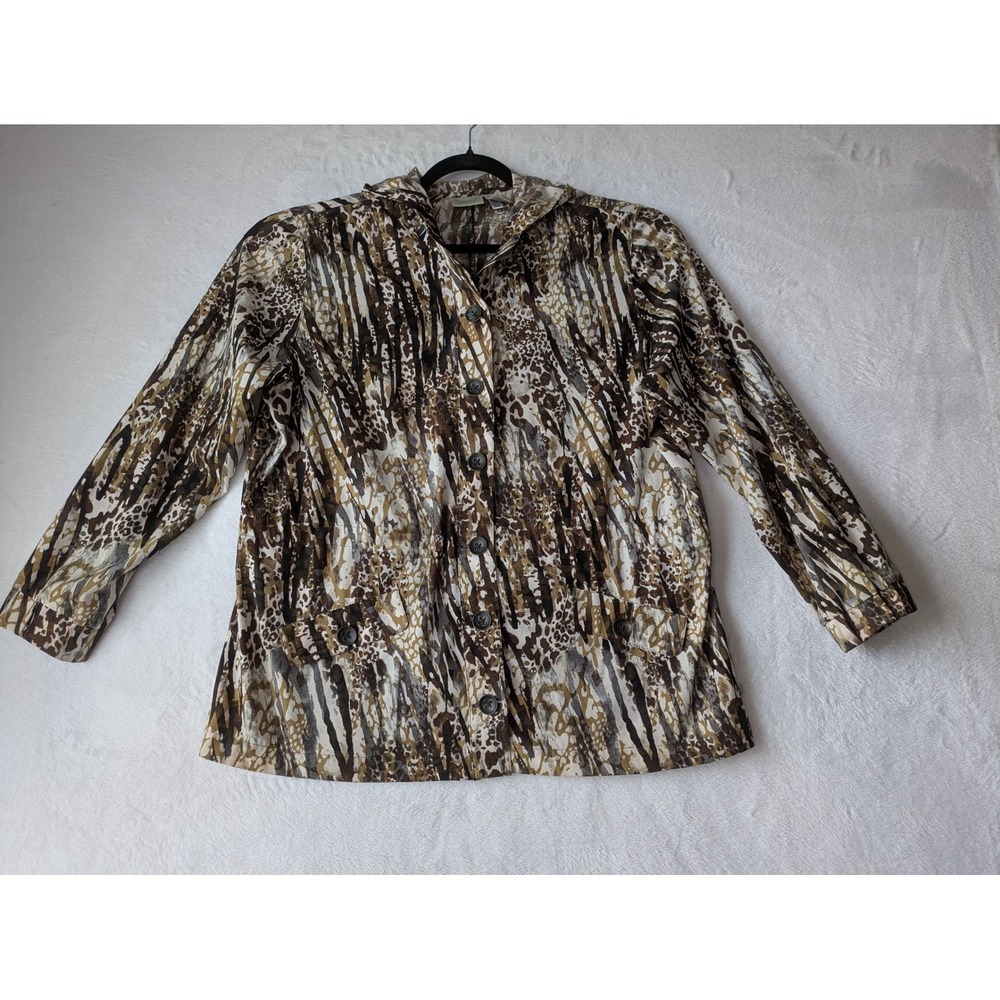 Zenergy by Chico's Lightweight Jacket Women 2 Brown Animal Print Hooded Cinch